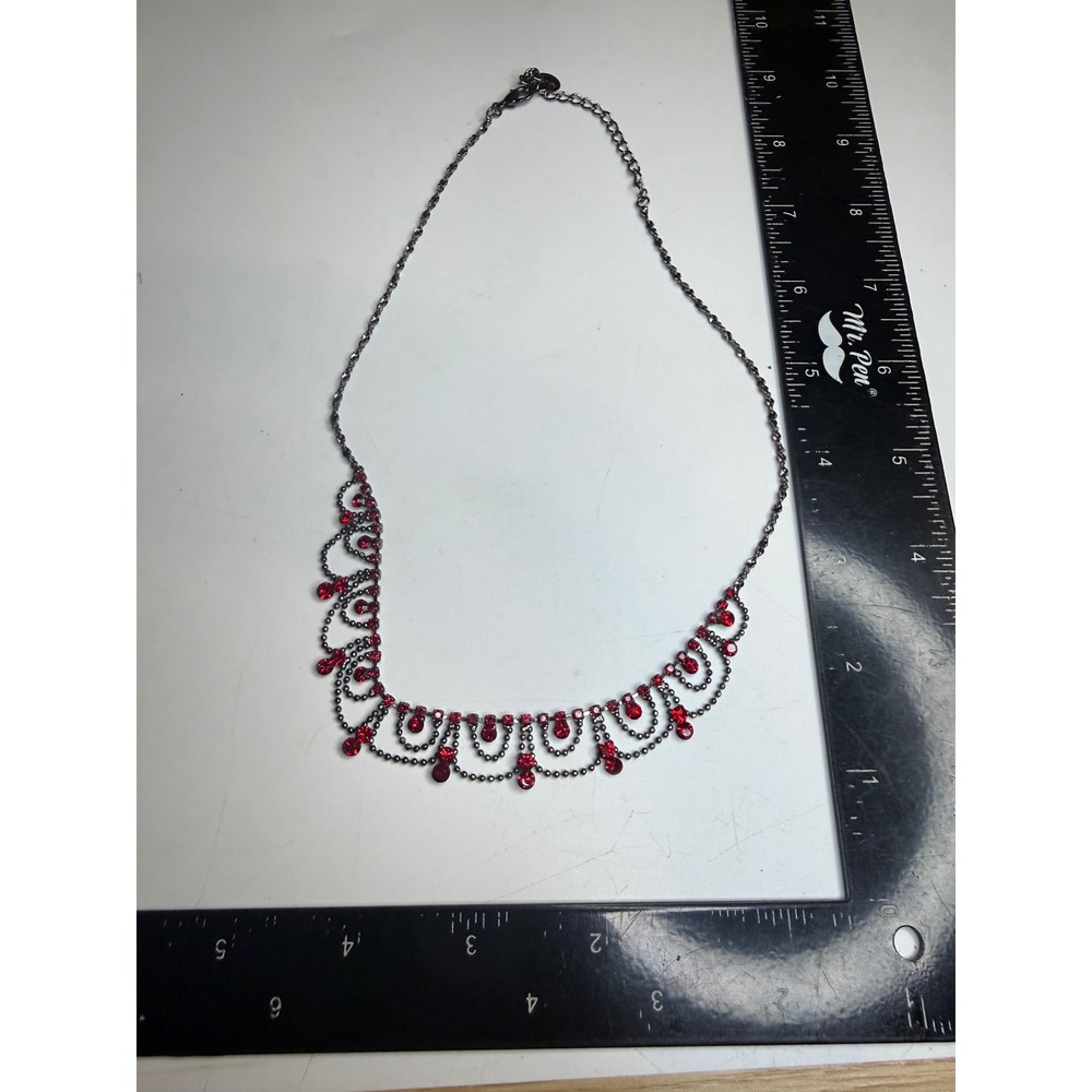 Icing Gunmetal Red Rhinestone Scalloped Bib Necklace Gothic Vampy Jewelry
